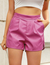 luvamia Faux Leather Shorts for Women High Wasited Pull On Pleated Side Slit Pleather Shorts with Elastic Waist Pockets
