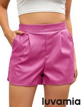 luvamia Faux Leather Shorts for Women High Wasited Pull On Pleated Side Slit Pleather Shorts with Elastic Waist Pockets
