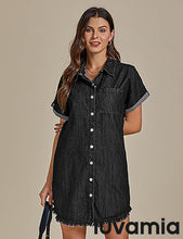 luvamia Denim Dress for Women Button Down Short Sleeves Casual Summer Jean Shirt Dresses with Pockets Frayed Hem