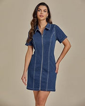 LUVAMIA Women's Short Sleeve Slim Tight Shirt-Neck Symmetrical Simple Versatile Denim Dress