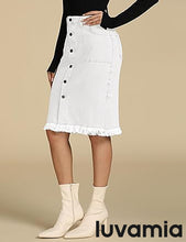 luvamia Women's Casual Mid Rise Button Down Frayed Raw Hem Fit Denim Jean Skirt