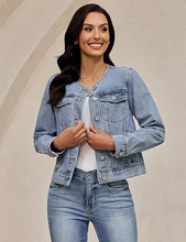 luvamia FleXclusive Women's Button Down Long Sleeves Crew Neck Denim Jacket