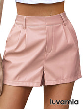luvamia Faux Leather Shorts for Women High Waist Pleated Wide Leg Stretchy Shorts with Pockets Short PU Leather Pants