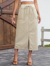 luvamia FleXclusive Jean Skirts for Women High Waisted Midi Denim Drawstring Elastic Waist Long Skirt with Pockets Front Slit