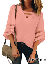 luvamia Women Casual Strappy V Neck Blouse 3/4 Bell Sleeve Mesh Panel Shirts Top