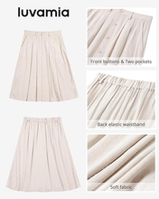 luvamia Linen Skirts for Women Midi Pleated Elastic High Waisted Casual Button Down A Line Flowy Summer Skirt with Pockets