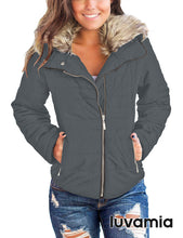 luvamia Women Casual Warm Winter Faux Fur Quilted Parka Lapel Zip Jacket Puffer Coat