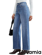 LUVAMIA  Women's High Rise Flare Jeans Washed Denim Trousers Studded Details Retro Style