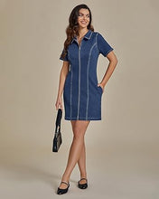 LUVAMIA Women's Short Sleeve Slim Tight Shirt-Neck Symmetrical Simple Versatile Denim Dress