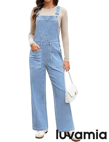 LUVAMIA Women's Denim Wide Leg Jumpsuit Side Snap Closure Five Pocket Utility