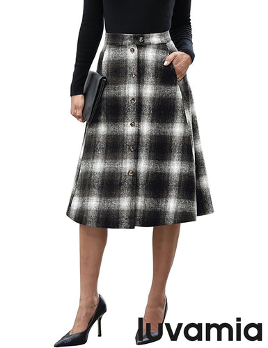 LUVAMIA High Waist A Line Maxi Skirt Women Plaid with Pockets Long Vintage Style Fall Winter