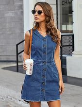 luvamia Women's Casual V Neck Sleeveless Jeans Button Down Denim Short Dress