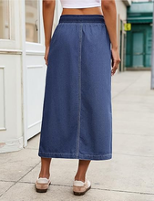 luvamia FleXclusive Jean Skirts for Women High Waisted Midi Denim Drawstring Elastic Waist Long Skirt with Pockets Front Slit