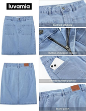 luvamia FleXclusive Jean Skirts for Women High Waisted Trendy Stretchy A-line Contrast Stitching Patch Pocket Short Denim Skirt