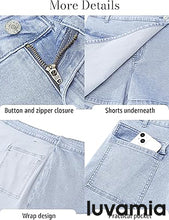 LUVAMIA Denim Skorts for Woman Cargo Faux Wrap Jean Skort Skirts Stretchy High Waisted Skirt Shorts