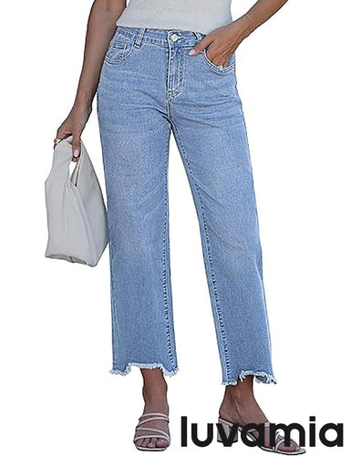 luvamia FleXclusive Straight Leg Jeans for Women Cropped Trendy Mid Rise Baggy Loose Distressed Casual Raw Hem Stretchy Denim Pants