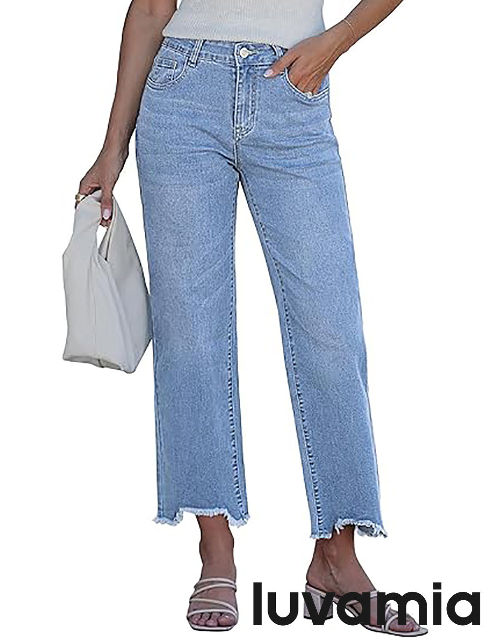 luvamia FleXclusive Straight Leg Jeans for Women Cropped Trendy Mid Rise Baggy Loose Distressed Casual Raw Hem Stretchy Denim Pants