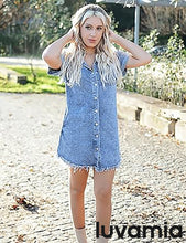 luvamia Denim Dress for Women Button Down Short Sleeves Casual Summer Jean Shirt Dresses with Pockets Frayed Hem