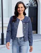 luvamia FleXclusive Women's Button Down Long Sleeves Crew Neck Denim Jacket