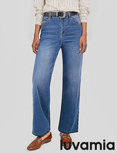 LUVAMIA  Women's High Rise Flare Jeans Washed Denim Trousers Studded Details Retro Style