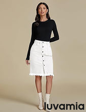 luvamia Women's Casual Mid Rise Button Down Frayed Raw Hem Fit Denim Jean Skirt