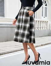 LUVAMIA High Waist A Line Maxi Skirt Women Plaid with Pockets Long Vintage Style Fall Winter