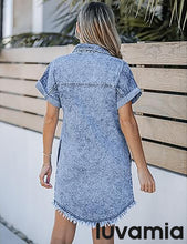 luvamia Denim Dress for Women Button Down Short Sleeves Casual Summer Jean Shirt Dresses with Pockets Frayed Hem