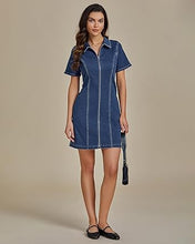 LUVAMIA Women's Short Sleeve Slim Tight Shirt-Neck Symmetrical Simple Versatile Denim Dress