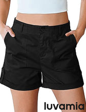 LUVAMIA Women's High Waisted Lightweight Quick Dry Relaxed Fit Shorts Summer Folded Hem.