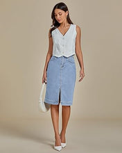 LUVAMIA Women's Brief Denim Midi Knee-Length Skirt Vintage Split High-Waist