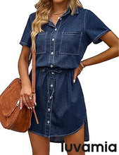 luvamia Women Casual Denim Dress Short Sleeve Tie Waist Classic Jean Shirt Dress