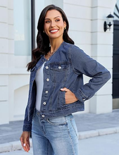 luvamia FleXclusive Women's Button Down Long Sleeves Crew Neck Denim Jacket