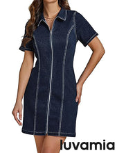 LUVAMIA Women's Short Sleeve Slim Tight Shirt-Neck Symmetrical Simple Versatile Denim Dress