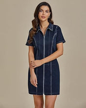 LUVAMIA Women's Short Sleeve Slim Tight Shirt-Neck Symmetrical Simple Versatile Denim Dress