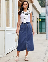 luvamia FleXclusive Jean Skirts for Women High Waisted Midi Denim Drawstring Elastic Waist Long Skirt with Pockets Front Slit