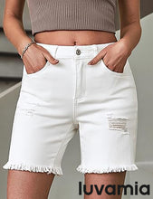 LUVAMIA Women's High Waisted Distressed Raw Hem Stretch Denim Shorts