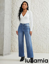 LUVAMIA  Women's High Rise Flare Jeans Washed Denim Trousers Studded Details Retro Style