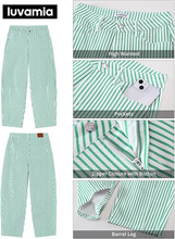 luvamia Barrel Jeans for Women Trendy Baggy Wide Leg Striped High Waisted Cropped Casual Pinstripe Stretchy Denim Pants