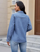 luvamia FleXclusive Denim Shirts for Women Long Sleeve Button Down Chambray Relaxed Fit Western Jean Shirts Casual Collared Jean Top