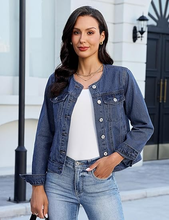 luvamia FleXclusive Women's Button Down Long Sleeves Crew Neck Denim Jacket