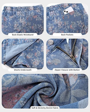 luvamia FleXclusive Denim Skorts for Woman Trendy Floral Print Faux Wrap Stretchy High Waisted Elasitc Waist Jean Shorts Skirt Skort