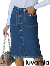 luvamia Women's Casual Mid Rise Button Down Frayed Raw Hem Fit Denim Jean Skirt