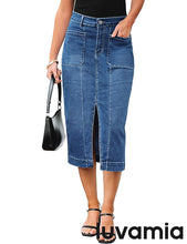 LUVAMIA Women's Skirts High Waisted Below Knee Split Hem Denim Bodycon Midi