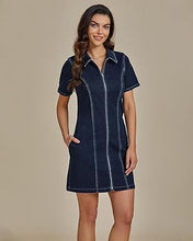 LUVAMIA Women's Short Sleeve Slim Tight Shirt-Neck Symmetrical Simple Versatile Denim Dress