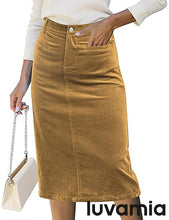 LUVAMIA 2025 Fall Winter Women's Corduroy Midi Skirt - High Waist Elastic Waistband Comfort Casual Solid Color Skirt