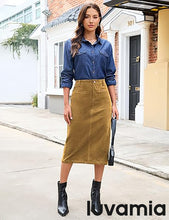 LUVAMIA 2025 Fall Winter Women's Corduroy Midi Skirt - High Waist Elastic Waistband Comfort Casual Solid Color Skirt