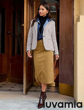 LUVAMIA 2025 Fall Winter Women's Corduroy Midi Skirt - High Waist Elastic Waistband Comfort Casual Solid Color Skirt