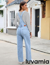 LUVAMIA Women's Denim Wide Leg Jumpsuit Side Snap Closure Five Pocket Utility