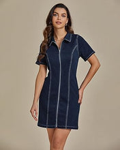 LUVAMIA Women's Short Sleeve Slim Tight Shirt-Neck Symmetrical Simple Versatile Denim Dress