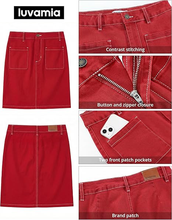 luvamia FleXclusive Jean Skirts for Women High Waisted Trendy Stretchy A-line Contrast Stitching Patch Pocket Short Denim Skirt